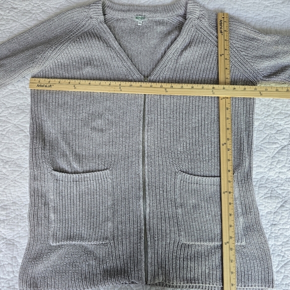 KENZO Knit Zippered V-neck Cardigan Logo Printed Cuff Cotton Wool Blend - Gray - Picture 14 of 16